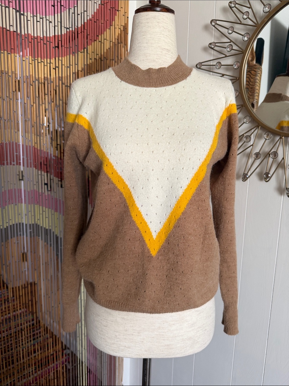 Mango Brown Cream Sweater with Yellow Chevron Trim